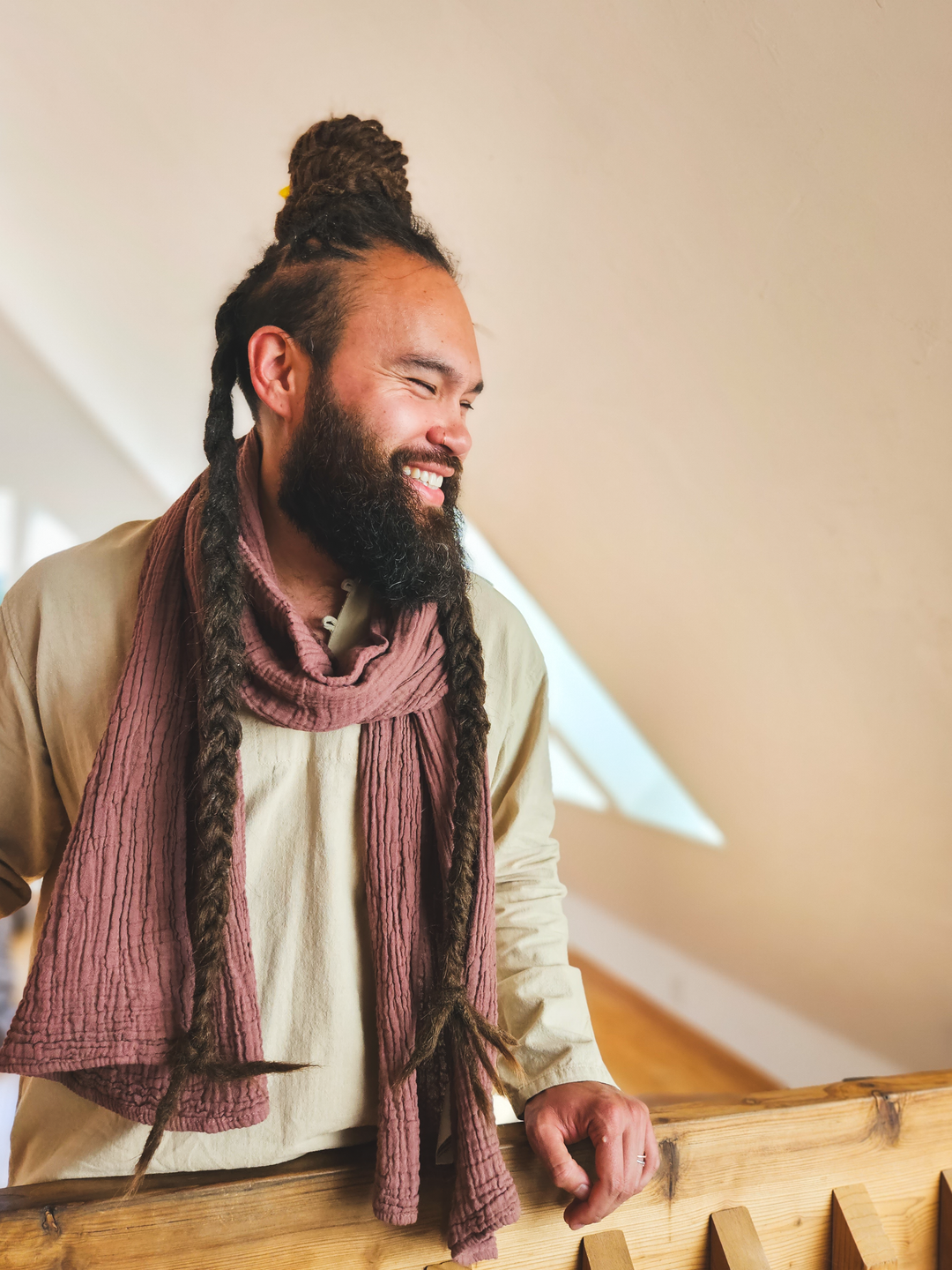 Man models gauze clothing scarf