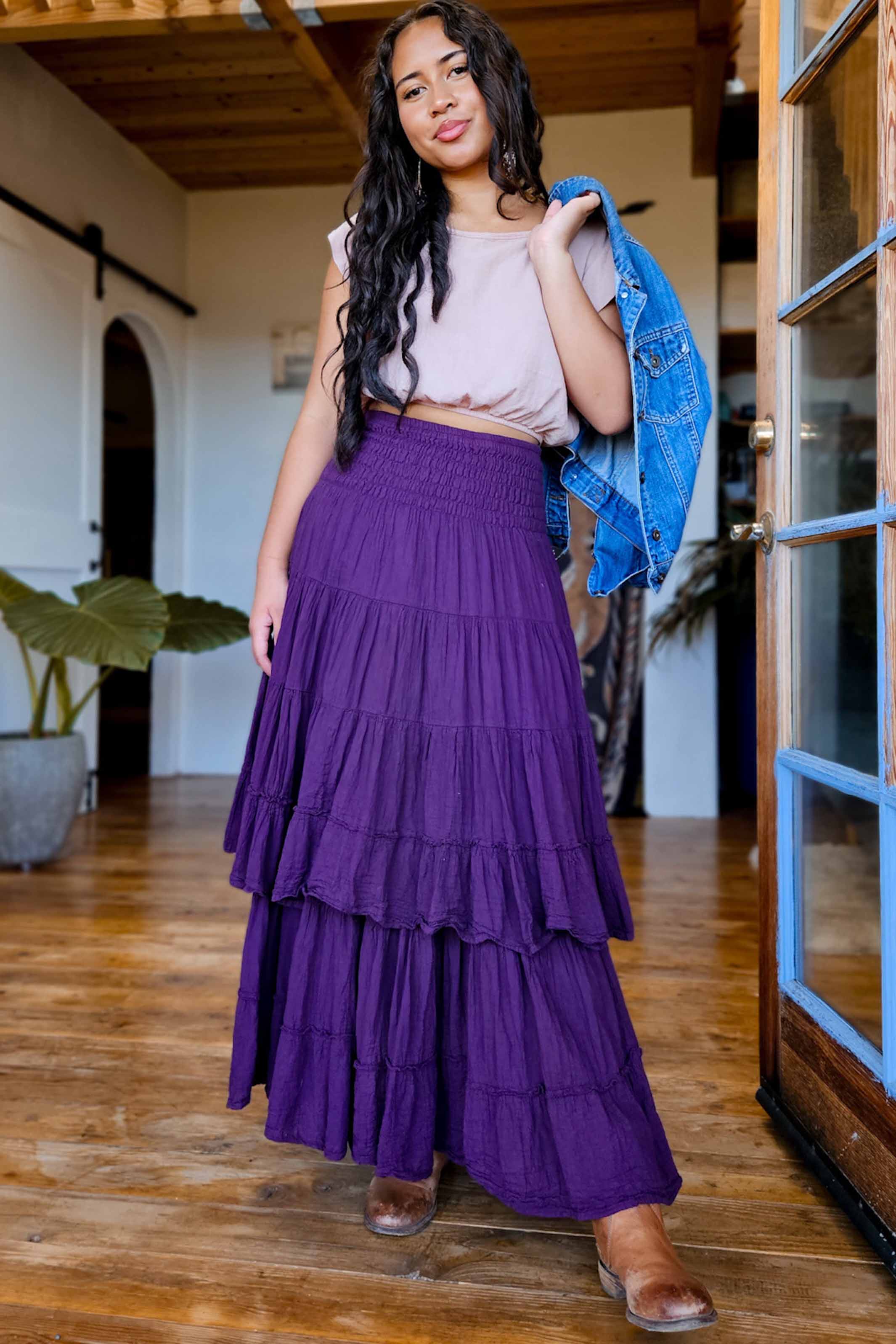 Women's Tiered Gauze Cotton Skirt, Long, 100% Cotton Clothing