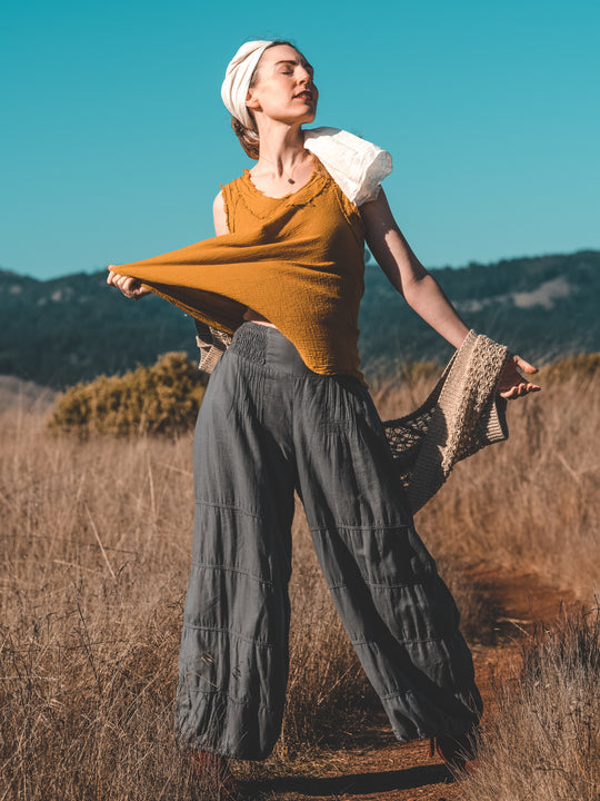 Female poses in all-natural gauze cotton clothing